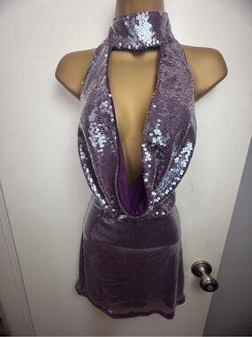 Current Mood Purple Sequined Nights Backless Halter/Choker Mini Dress Sz S NWT